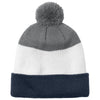 Port Authority River Blue Navy/ Marshmallow/ Gusty Grey Cozy Striped Pom Beanie