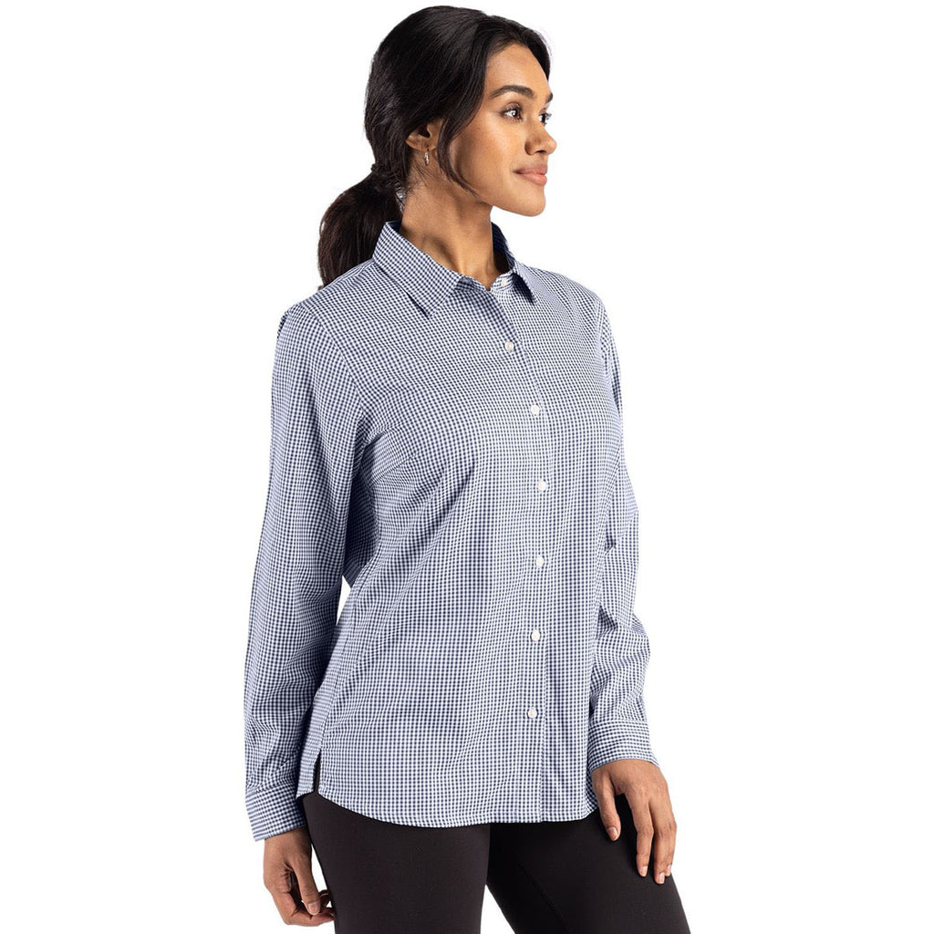 Cutter & Buck Women's Navy Blue/White Skyline Epic Confidence Recycled Gingham Long Sleeve Dress Shirt