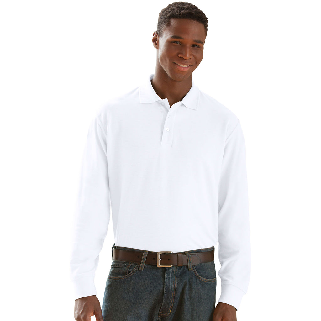 Vantage Men's White Long Sleeve Soft-Blend Double-Tuck Pique Polo