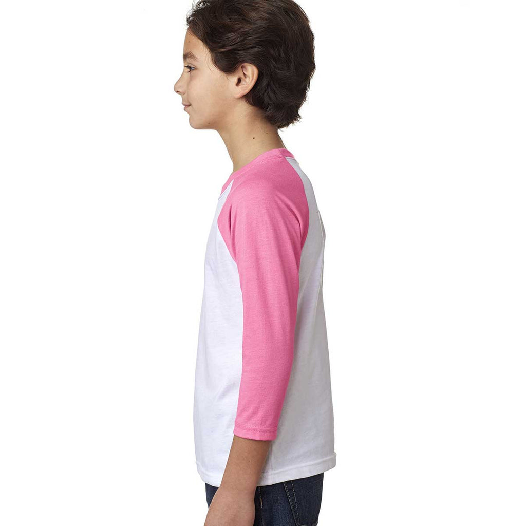 Next Level Youth Hot Pink/White CVC 3/4-Sleeve Raglan Tee