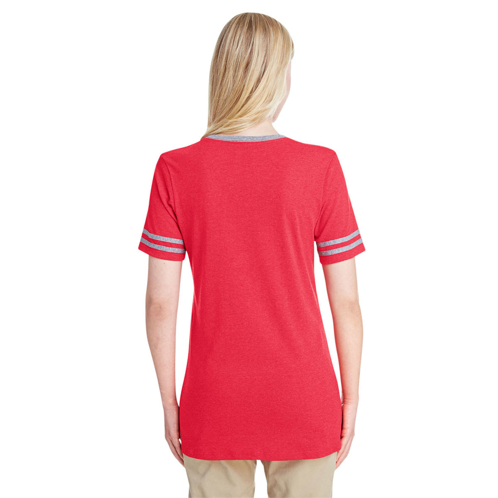 Jerzees Women's Fiery Red Heather/Oxford 4.5 Oz Tri-Blend Varsity V-Neck T-Shirt