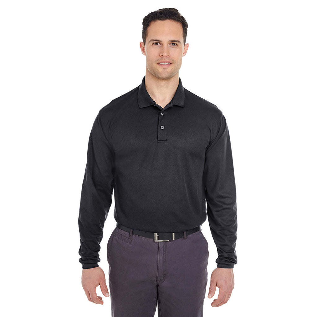 UltraClub Men's Black Cool & Dry Long-Sleeve Mesh Pique Polo