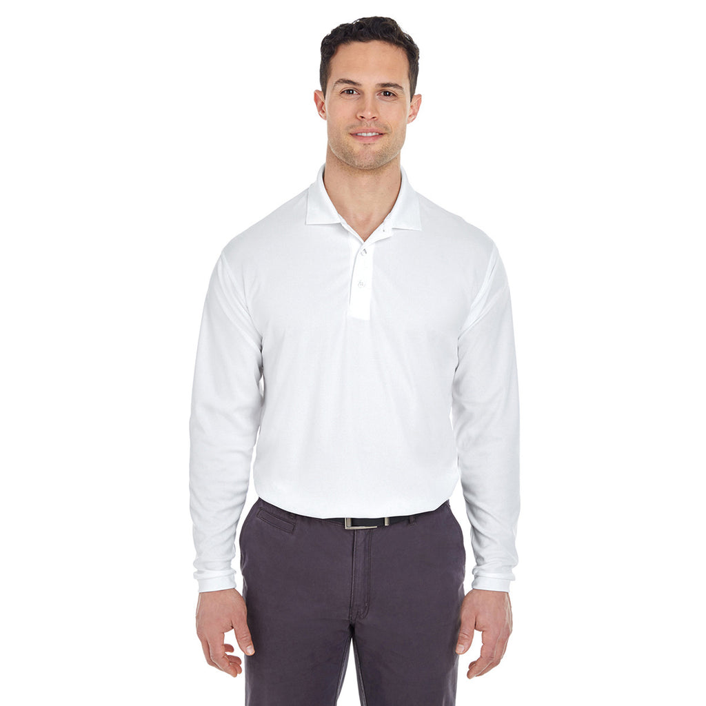 UltraClub Men's White Cool & Dry Long-Sleeve Mesh Pique Polo