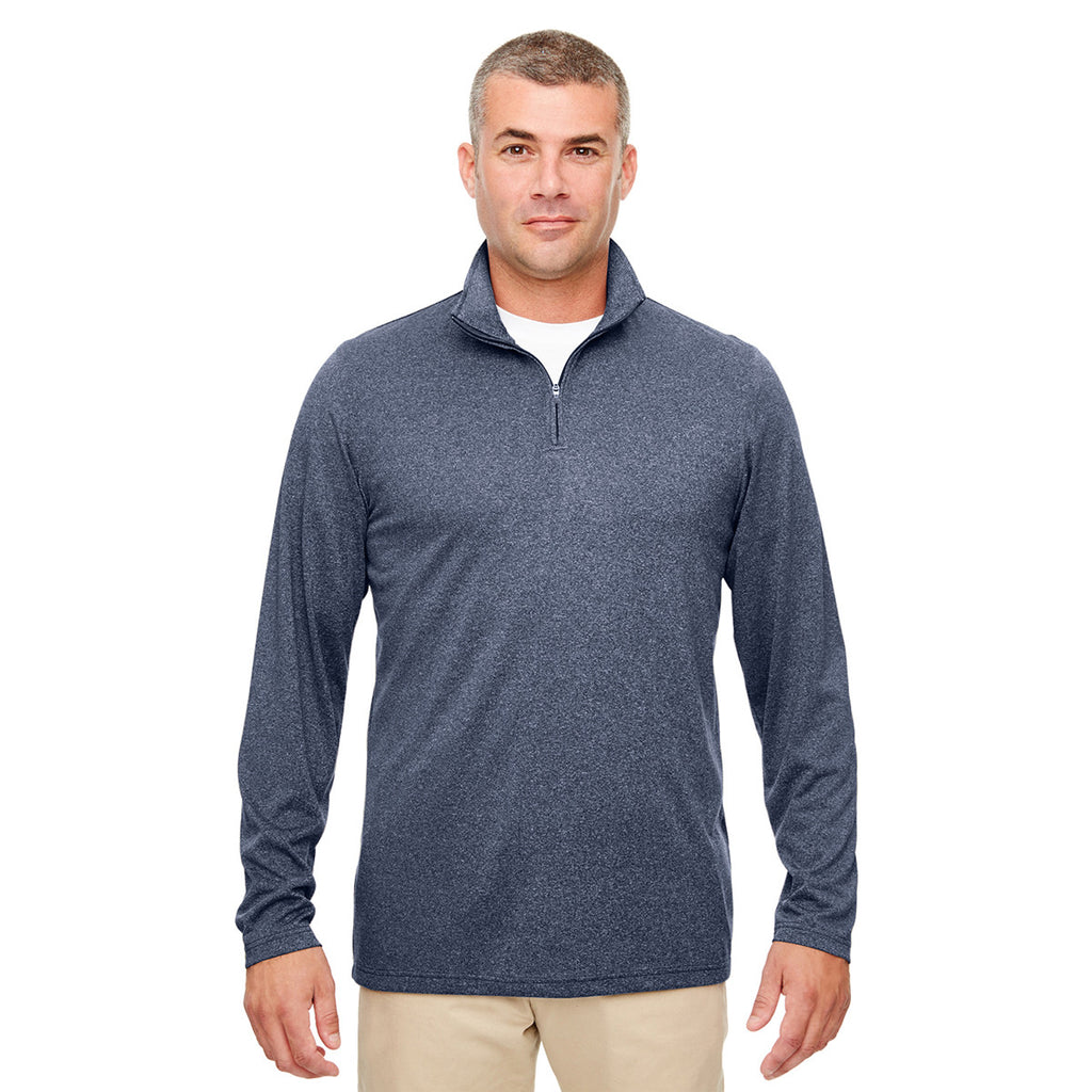 UltraClub Men's Navy Heather Cool & Dry Heathered Performance Quarter-Zip