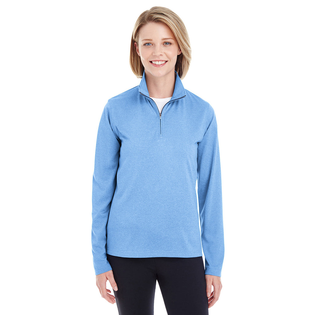 UltraClub Women's Columbia Blue Heather Cool & Dry Heathered Performance Quarter-Zip