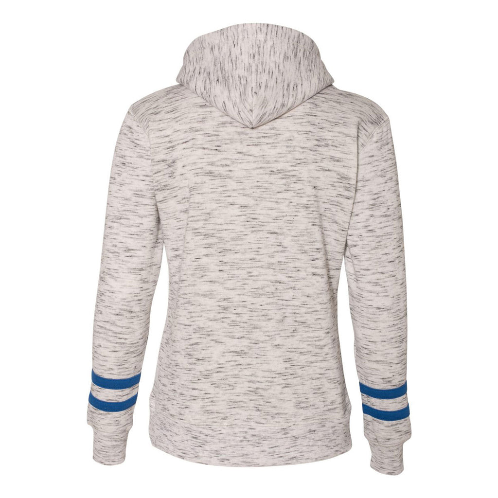 J. America Women's White/Royal Melange Fleece Striped Sleeve Hooded Pullover