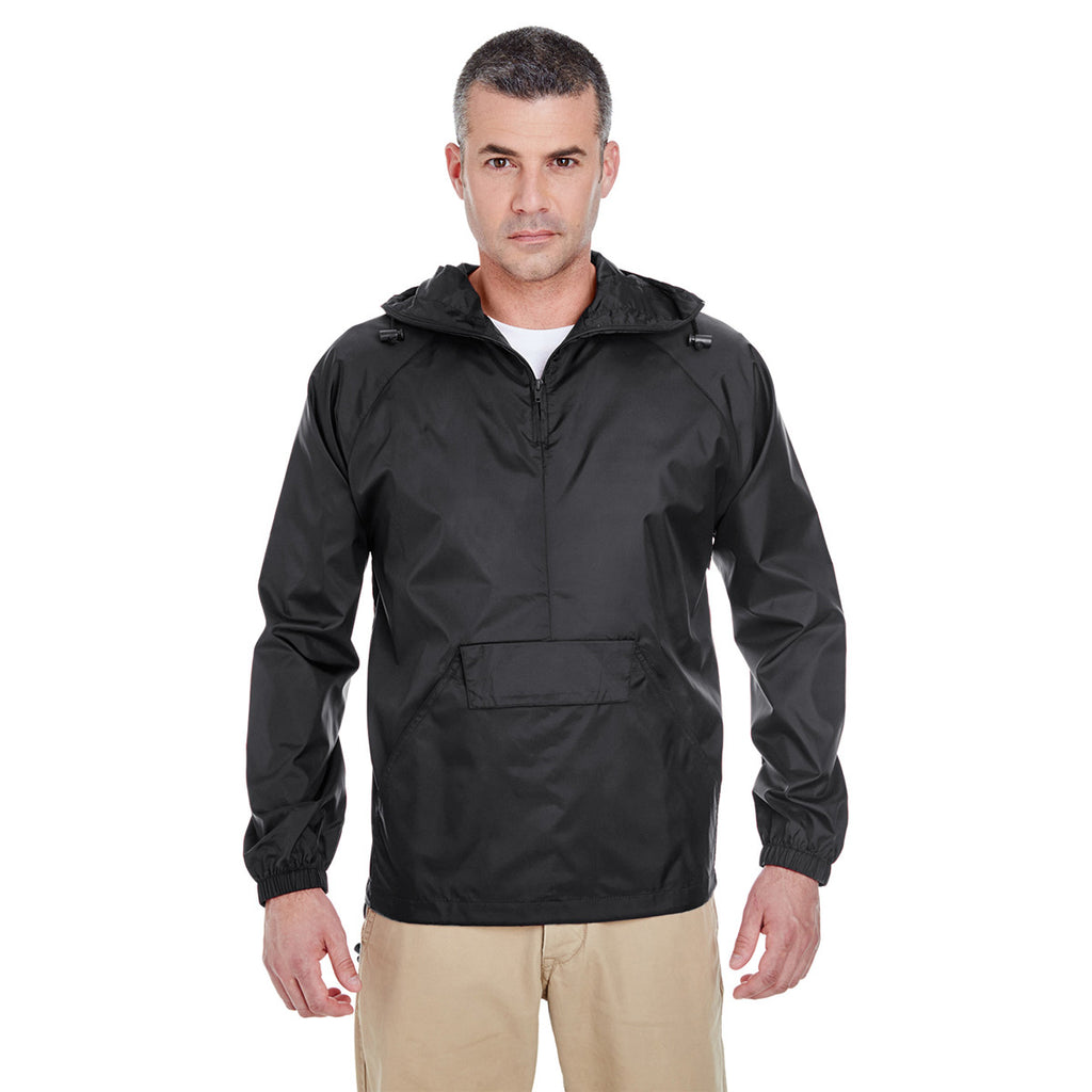 UltraClub Men's Black Quarter-Zip Hooded Pullover Pack-Away Jacket