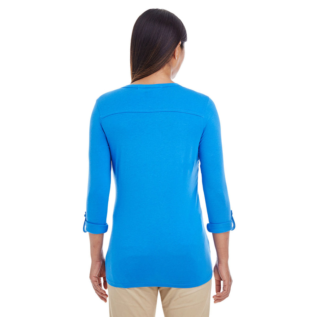 Devon & Jones Women's French Blue Perfect Fit Y-Placket Convertible Sleeve Knit Top