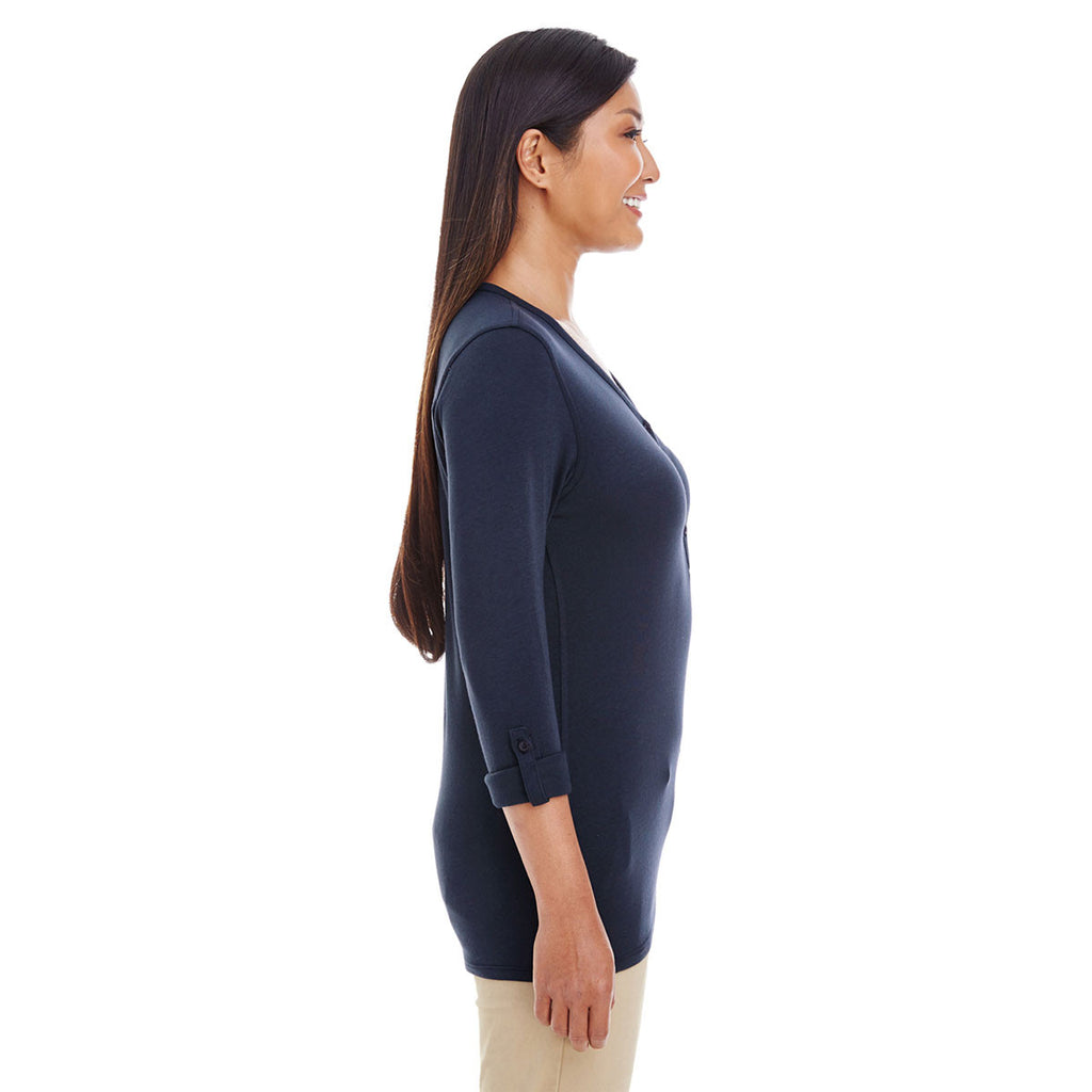 Devon & Jones Women's Navy Perfect Fit Y-Placket Convertible Sleeve Knit Top