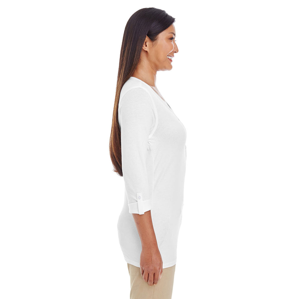 Devon & Jones Women's White Perfect Fit Y-Placket Convertible Sleeve Knit Top