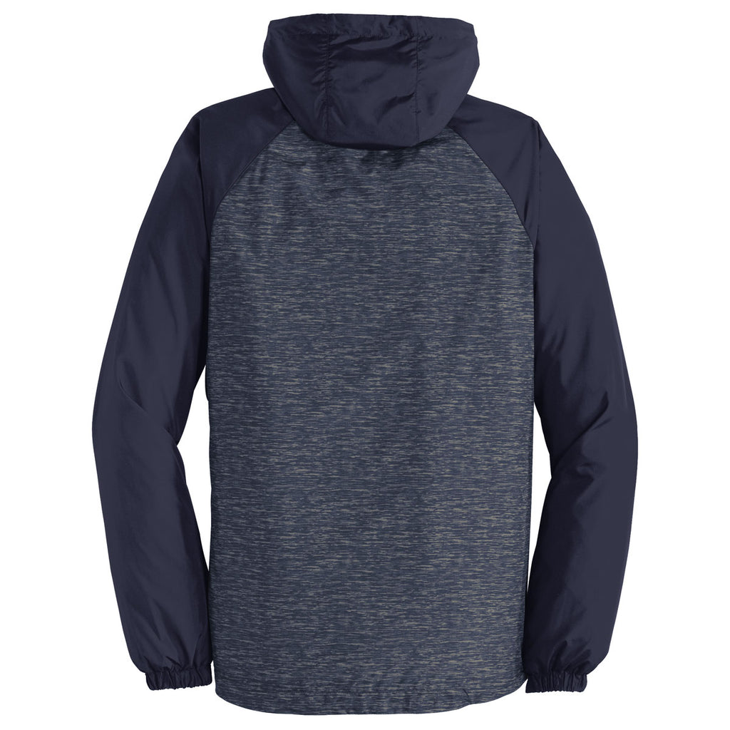 Sport-Tek Men's True Navy Heather/True Navy Colorblock Raglan Hooded Wind Jacket