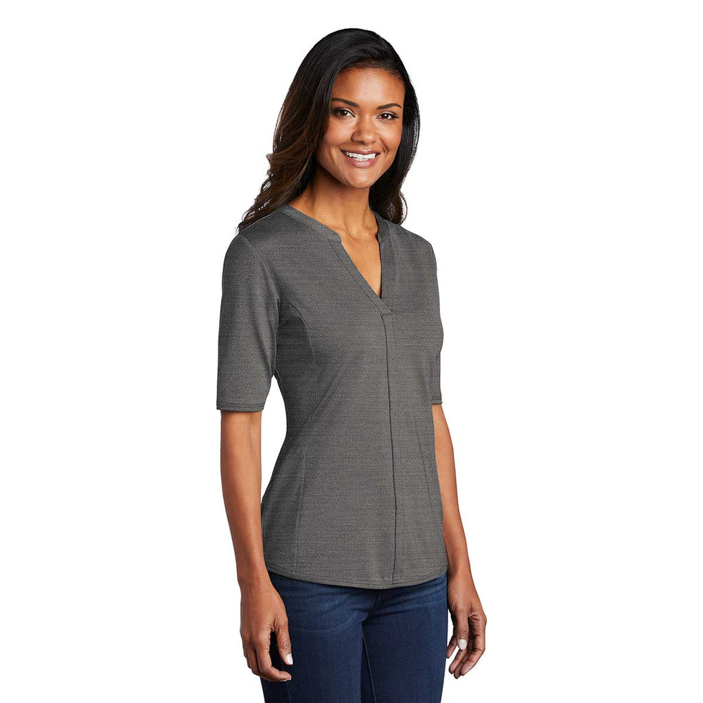 Port Authority Women's Black/Thunder Grey Stretch Heather Open Neck Top