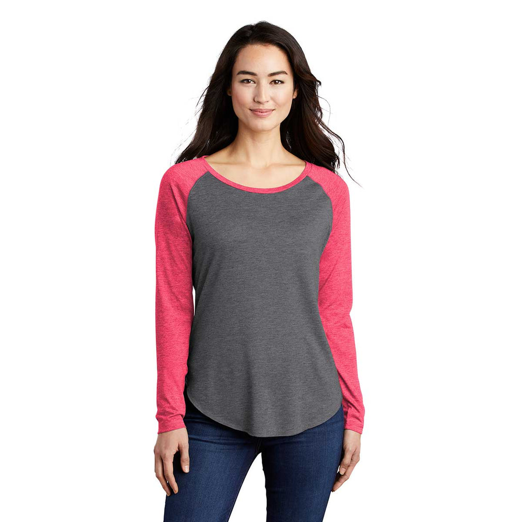 Sport-Tek Women's Pink Raspberry Heather/Dark Grey Heather PosiCharge Long Sleeve Tri-Blend Wicking Scoop Neck Raglan Tee