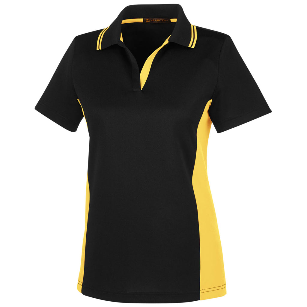 Harriton Women's Black/ Sunray Yellow Flash Snag Protection Plus Colorblock Polo