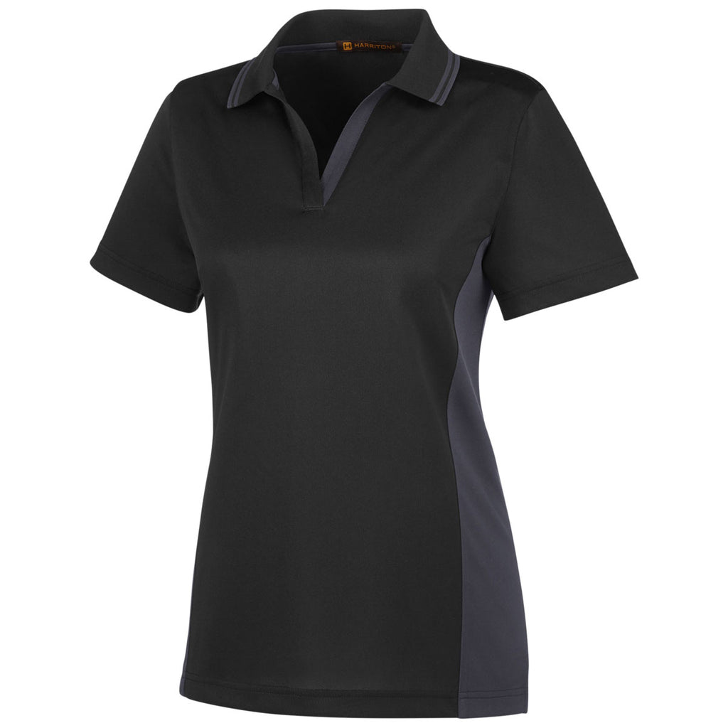 Harriton Women's Black/ Dark Charcoal Flash Snag Protection Plus Colorblock Polo