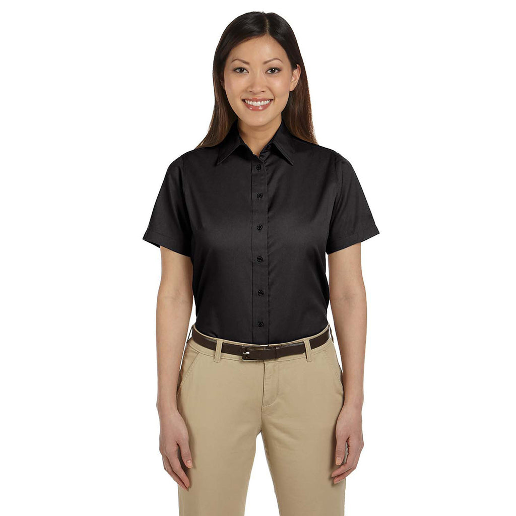 Harriton Women's Black Easy Blend Short-Sleeve Twill Shirt with Stain-Release