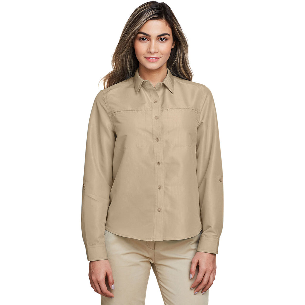 Harriton Women's Khaki Key West Long-Sleeve Performance Staff Shirt