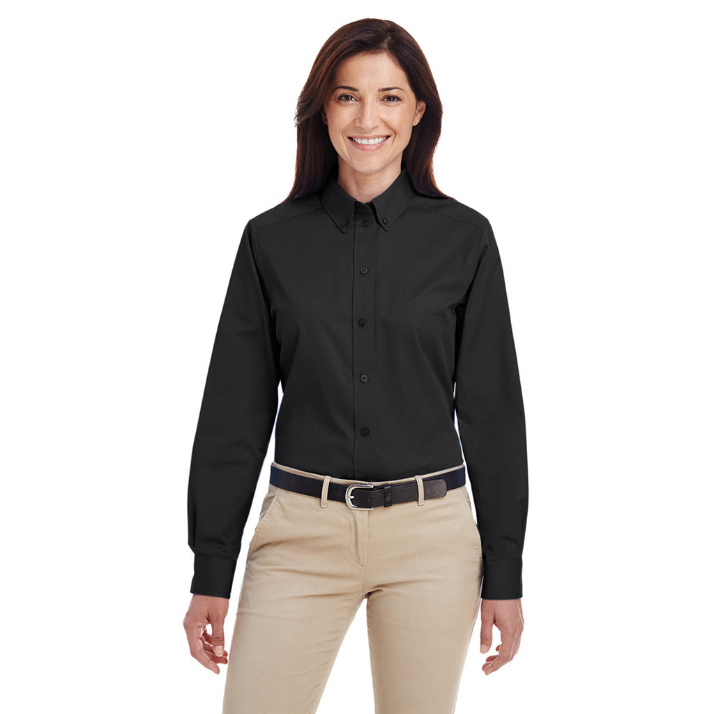 Harriton Women's Black Foundation 100% Cotton Long-Sleeve Twill Shirt with Teflon