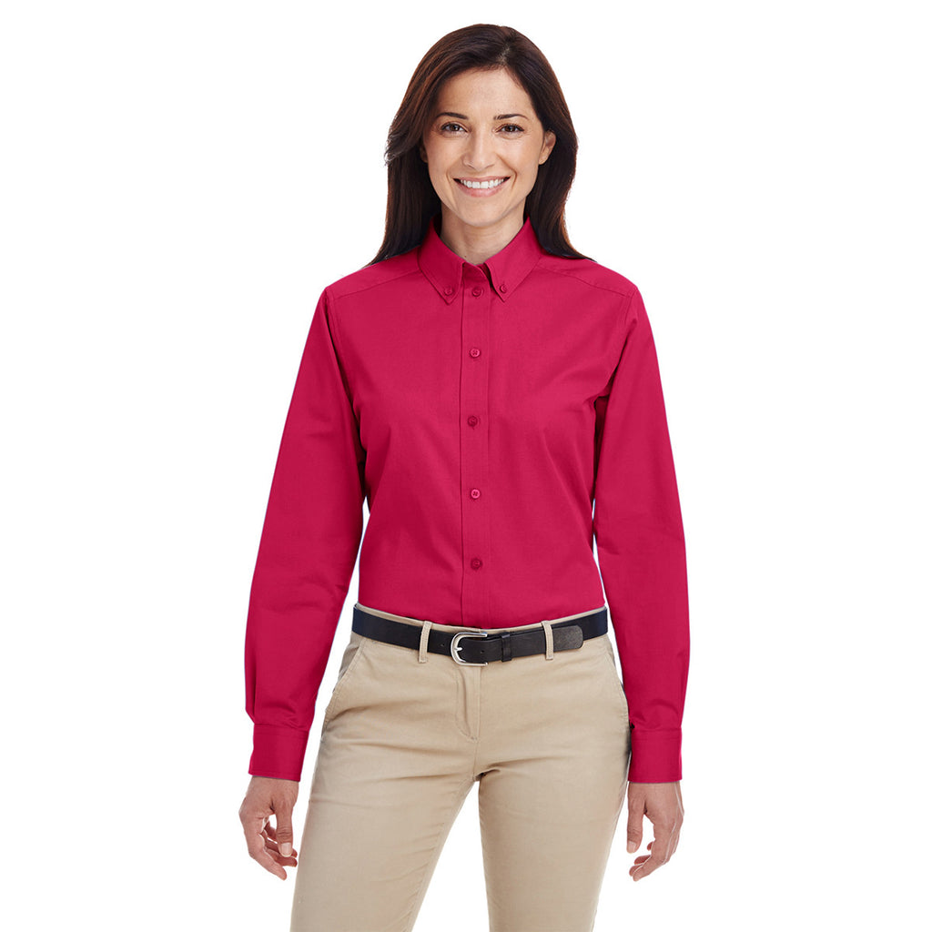 Harriton Women's Red Foundation 100% Cotton Long-Sleeve Twill Shirt with Teflon