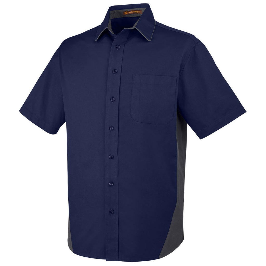 Harriton Men's Dark Navy/ Dark Charcoal Flash Colorblock Short Sleeve Shirt