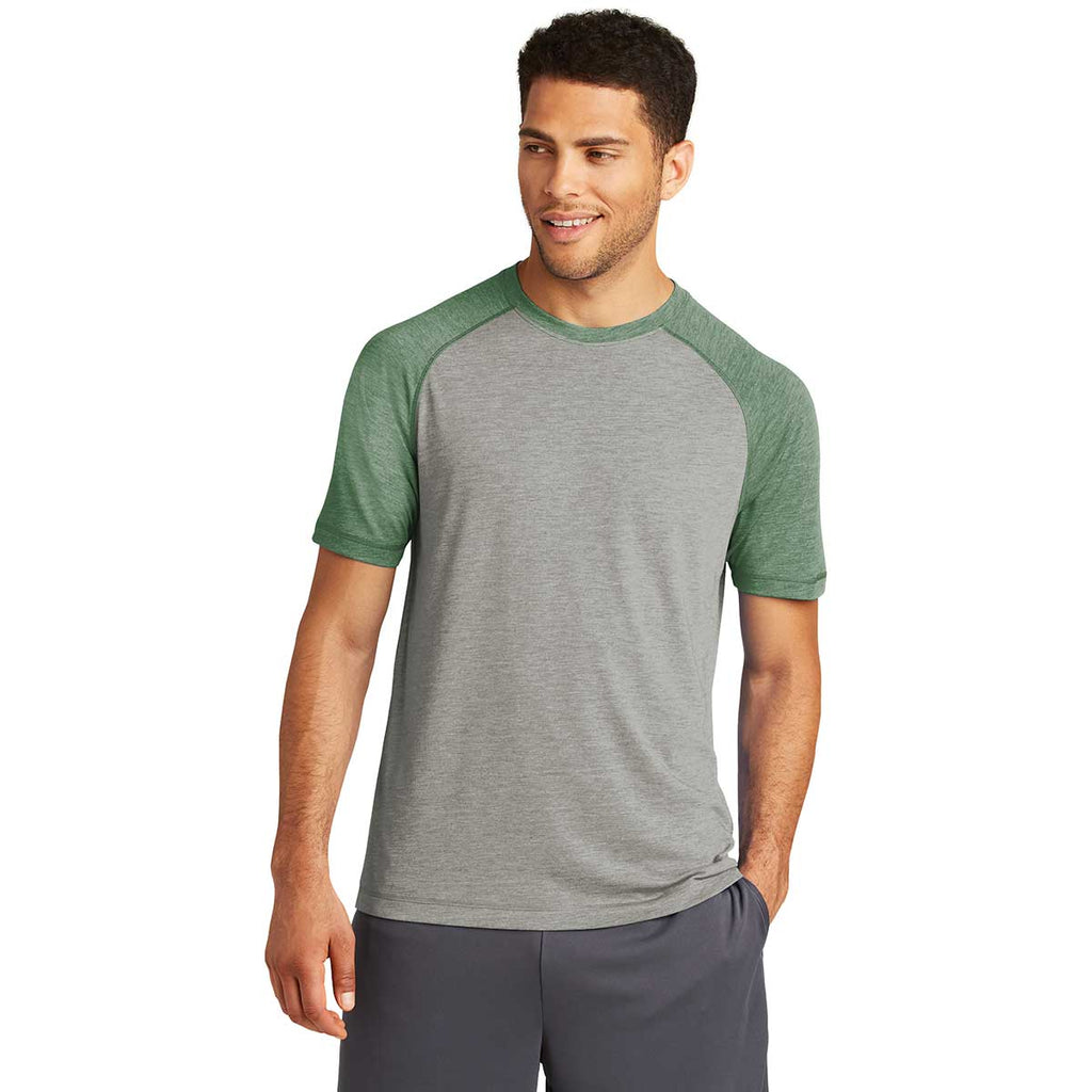 Sport-Tek Men's Forest Green Heather/Light Grey Heather PosiCharge Tri-Blend Wicking Raglan Tee