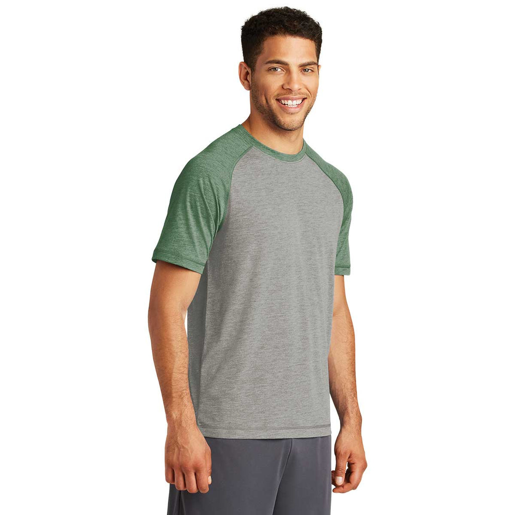 Sport-Tek Men's Forest Green Heather/Light Grey Heather PosiCharge Tri-Blend Wicking Raglan Tee