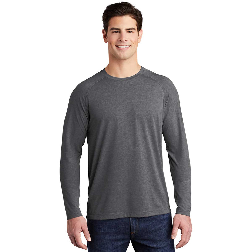 Sport-Tek Men's Dark Grey Heather PosiCharge Long Sleeve Tri-Blend Wicking Raglan Tee