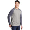 Sport-Tek Men's True Navy Heather/Light Grey Heather PosiCharge Long Sleeve Tri-Blend Wicking Raglan Tee