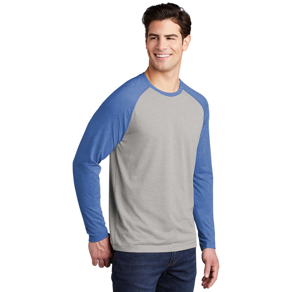 Sport-Tek Men's True Royal Heather/Light Grey Heather PosiCharge Long Sleeve Tri-Blend Wicking Raglan Tee