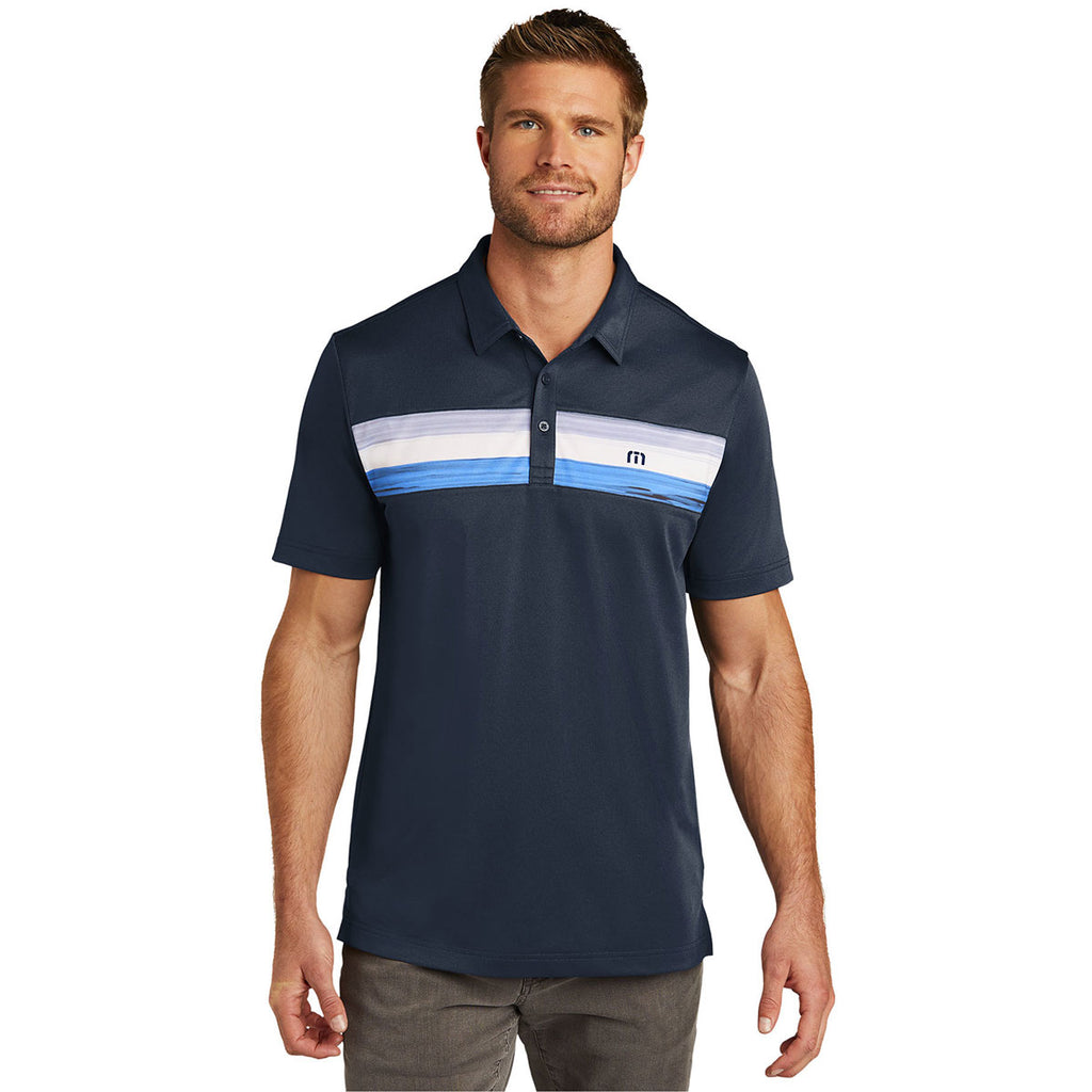 TravisMathew Men's Blue Nights Cabana Chest Stripe Polo